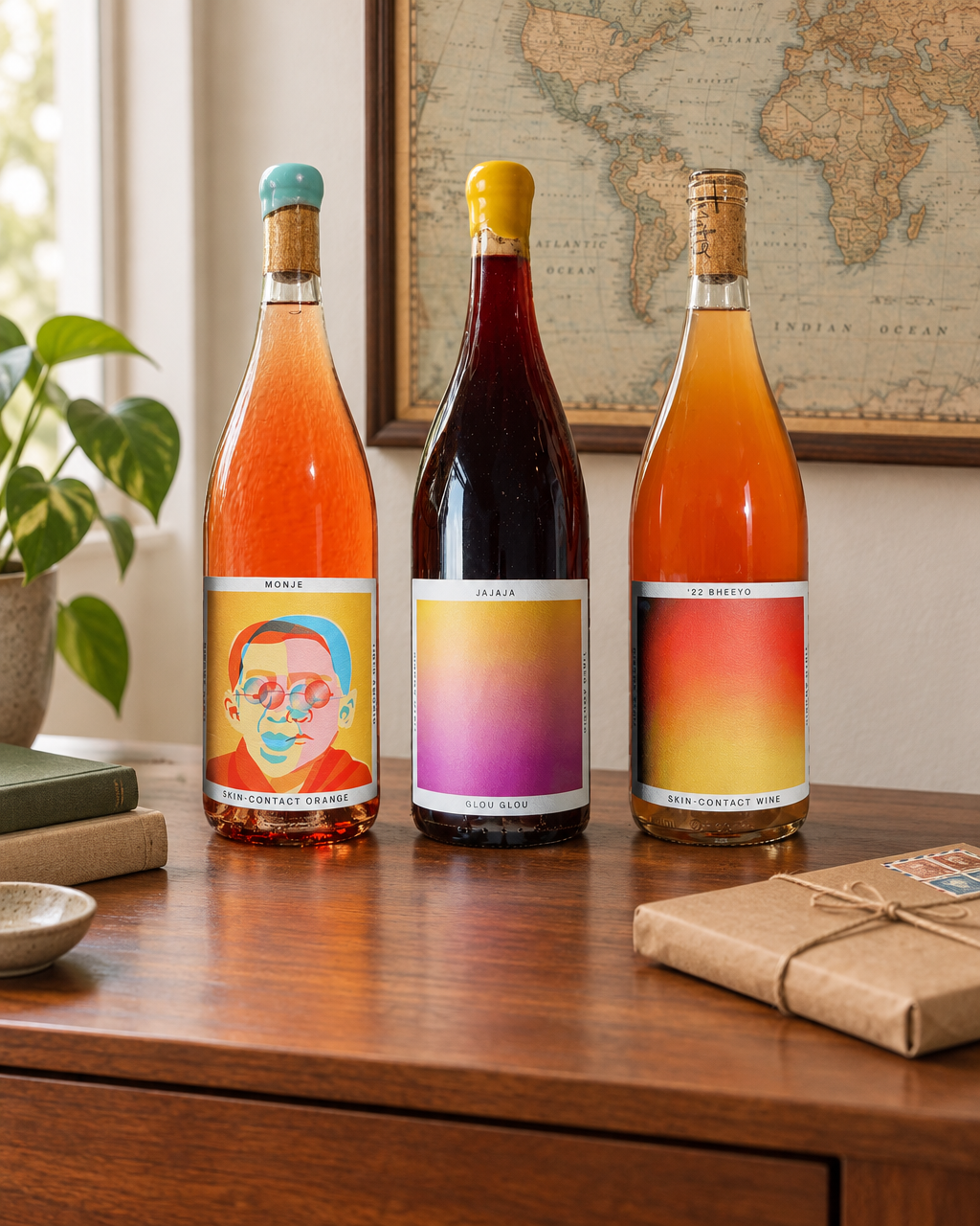 Tinto Amorio Natural Wine Sampler (Monje, Jajaja, '22 Bheeyo) on a table with a world map and an international parcel
