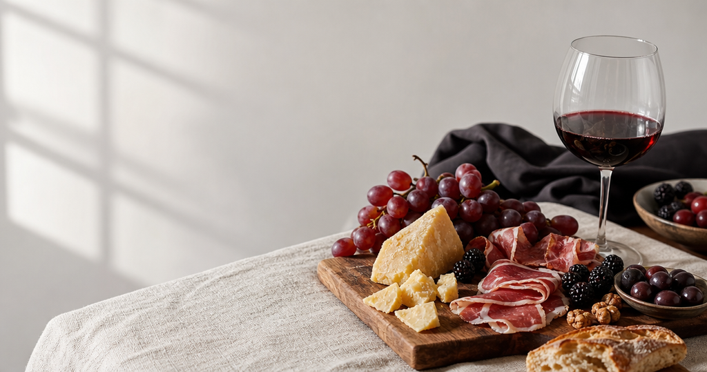 Bottle-free editorial hero for Organic Red Wine Cheese Pairing Guide 2026