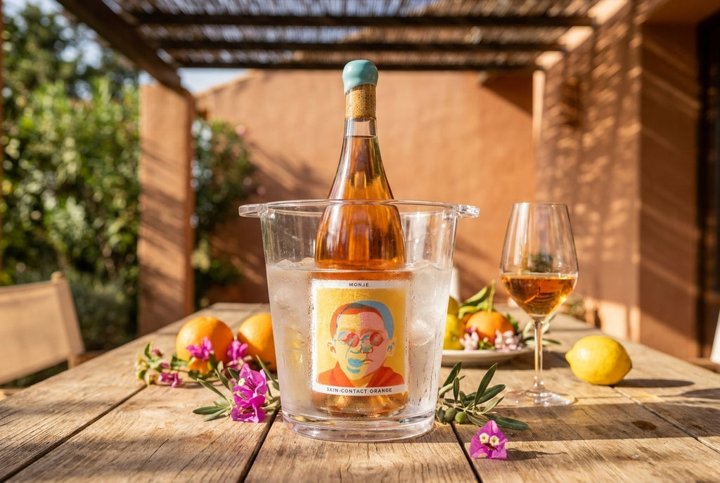 Monje skin-contact orange wine bottle chilling in an ice bucket on a sunlit patio table