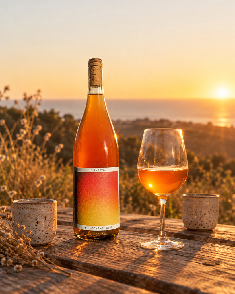Tinto Amorio Bheeyo skin-contact orange wine bottle on a rustic picnic table at California sunset