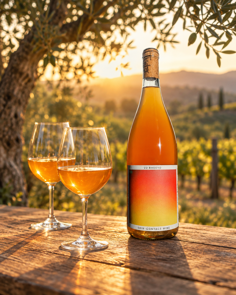 Tinto Amorio '22 Bheeyo skin-contact orange wine bottle on a picnic table with two glasses of amber orange wine at golden hour