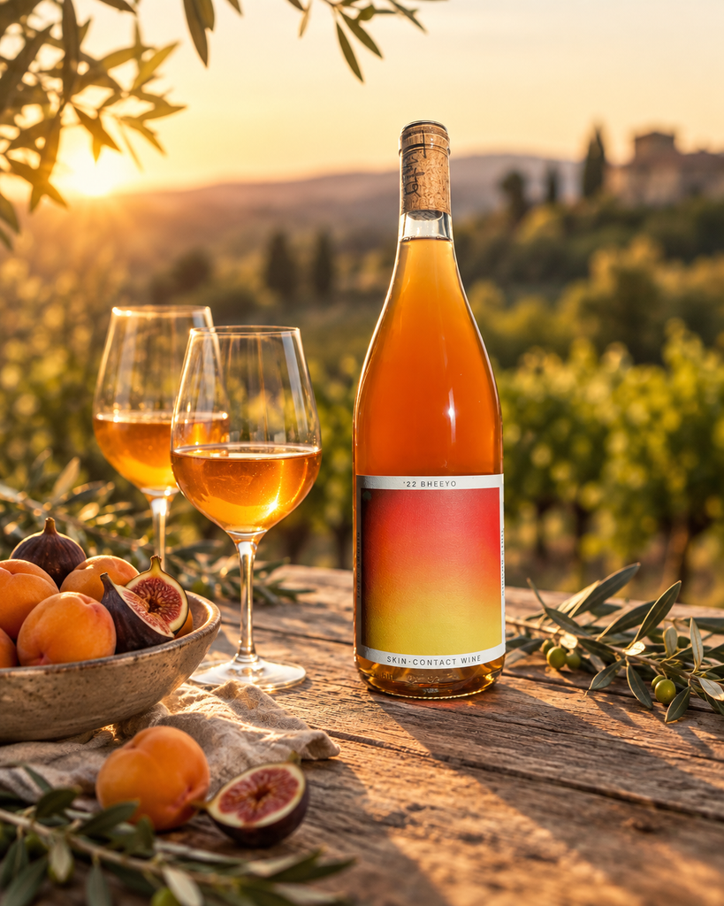 Tinto Amorio '22 Bheeyo skin-contact orange wine bottle on a picnic table with apricots and figs at golden hour