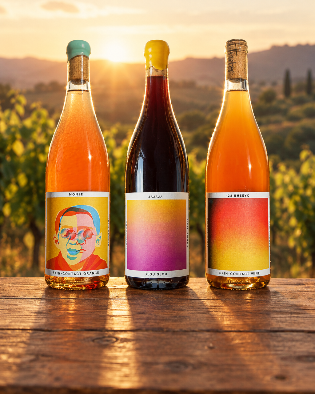 Tinto Amorio Natural Wine Sampler (Monje, Jajaja, '22 Bheeyo) on a rustic table in a vineyard at golden hour