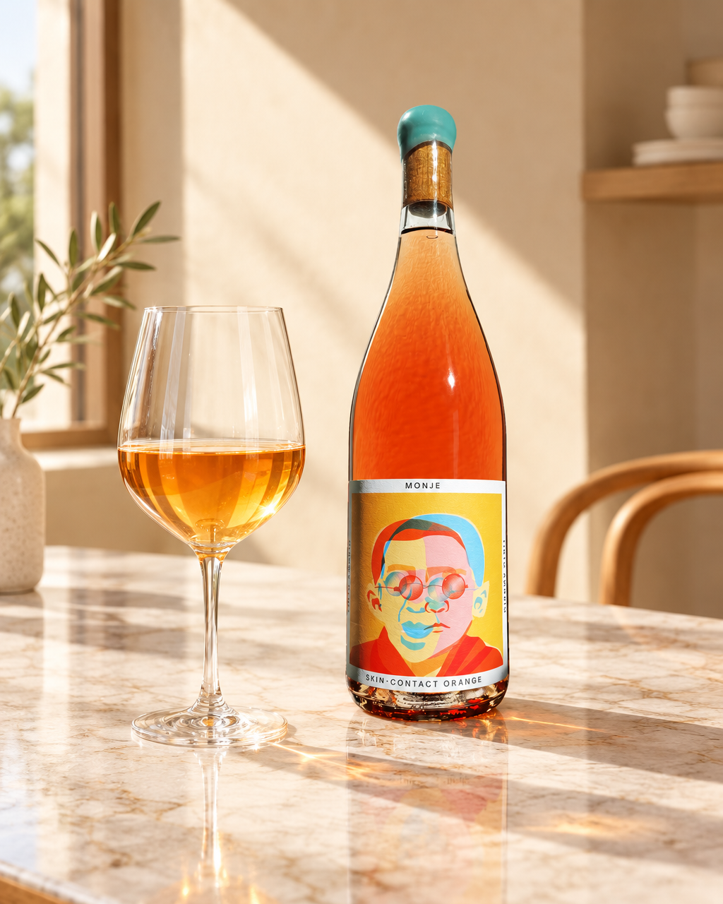 Tinto Amorio Monje skin-contact orange wine bottle and a glass on a sunlit marble tasting counter