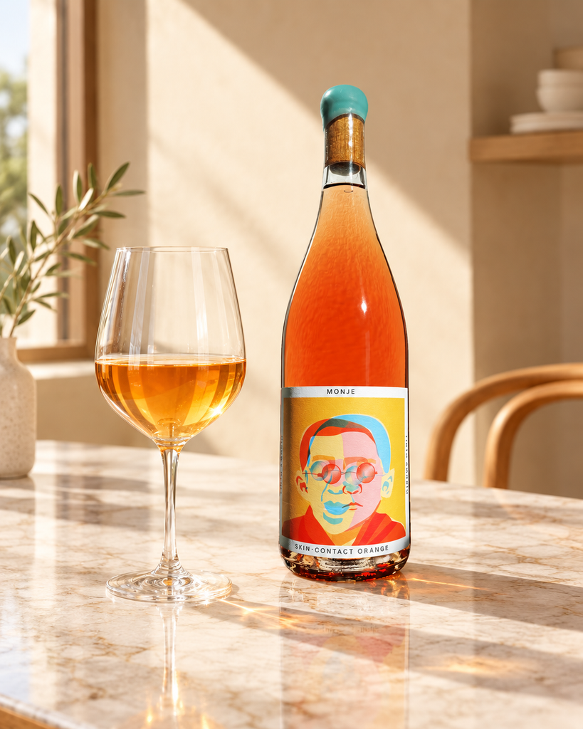 Tinto Amorio Monje skin-contact orange wine bottle and a glass on a sunlit marble tasting counter