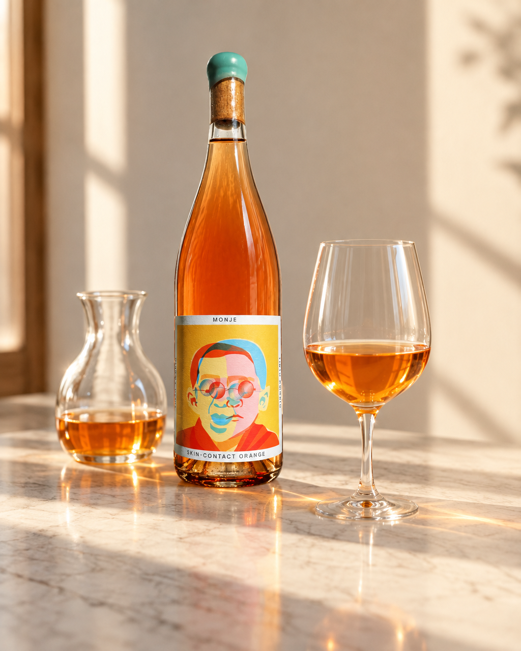 Tinto Amorio Monje skin-contact orange wine bottle beside a carafe and glass on a sunlit marble counter