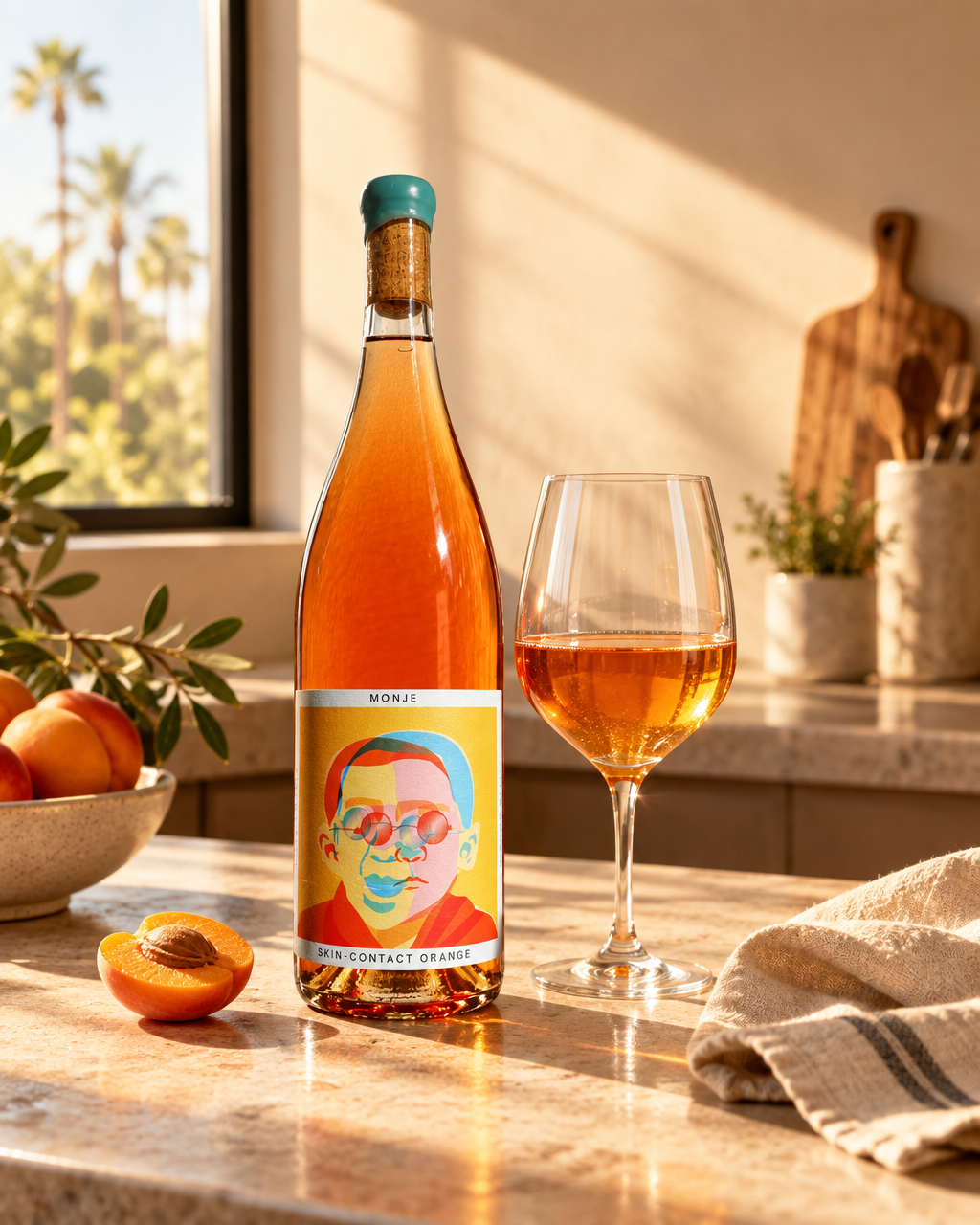 Tinto Amorio Monje skin-contact orange wine bottle on a sunlit California kitchen counter