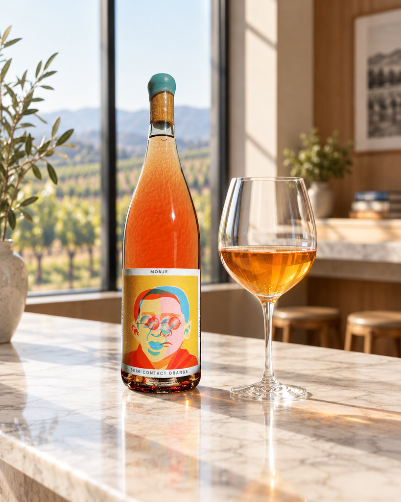 Tinto Amorio Monje skin-contact orange wine bottle and a glass on a sunlit marble tasting counter