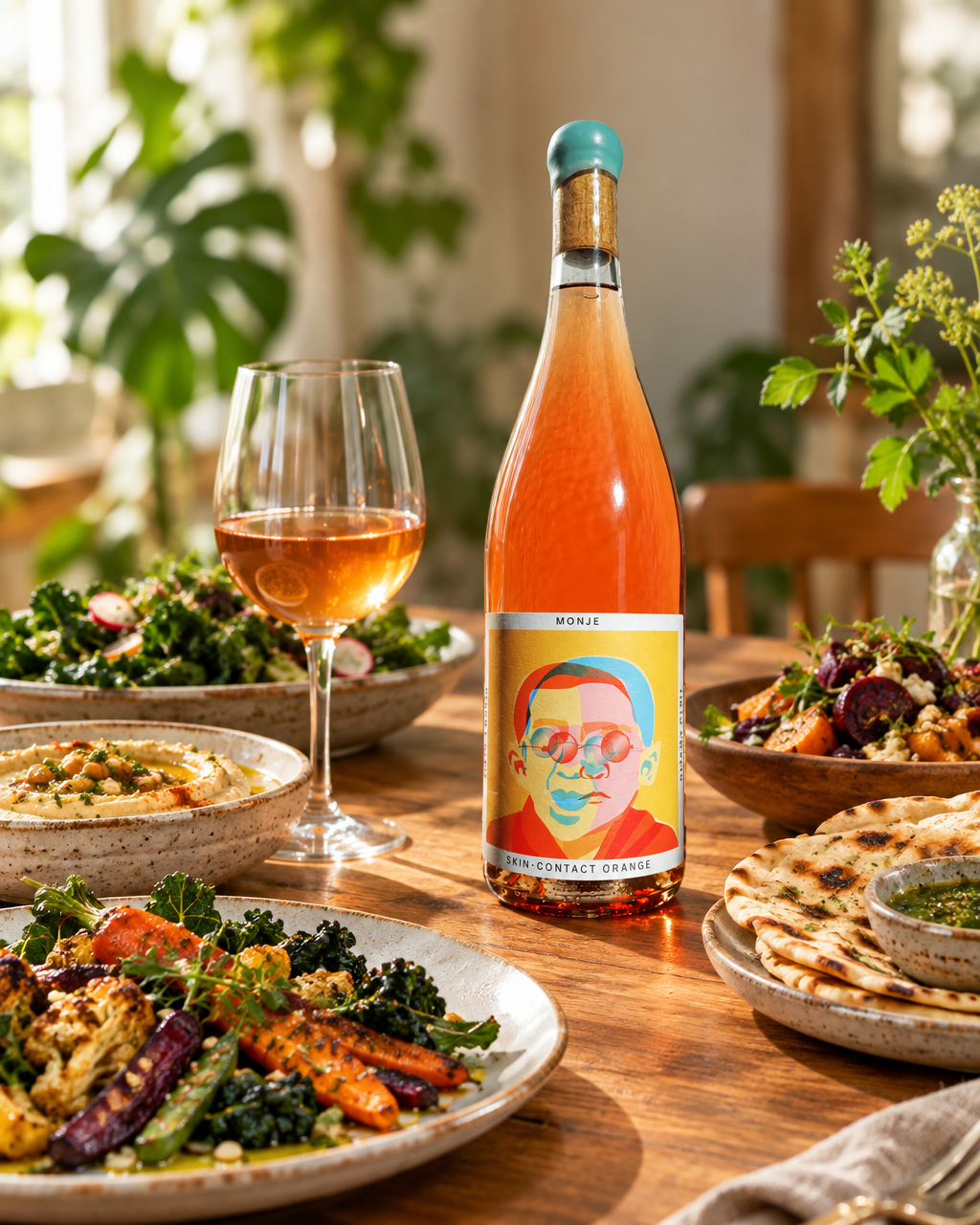 Tinto Amorio Monje skin-contact orange wine bottle on a vegan dinner table with roasted vegetables