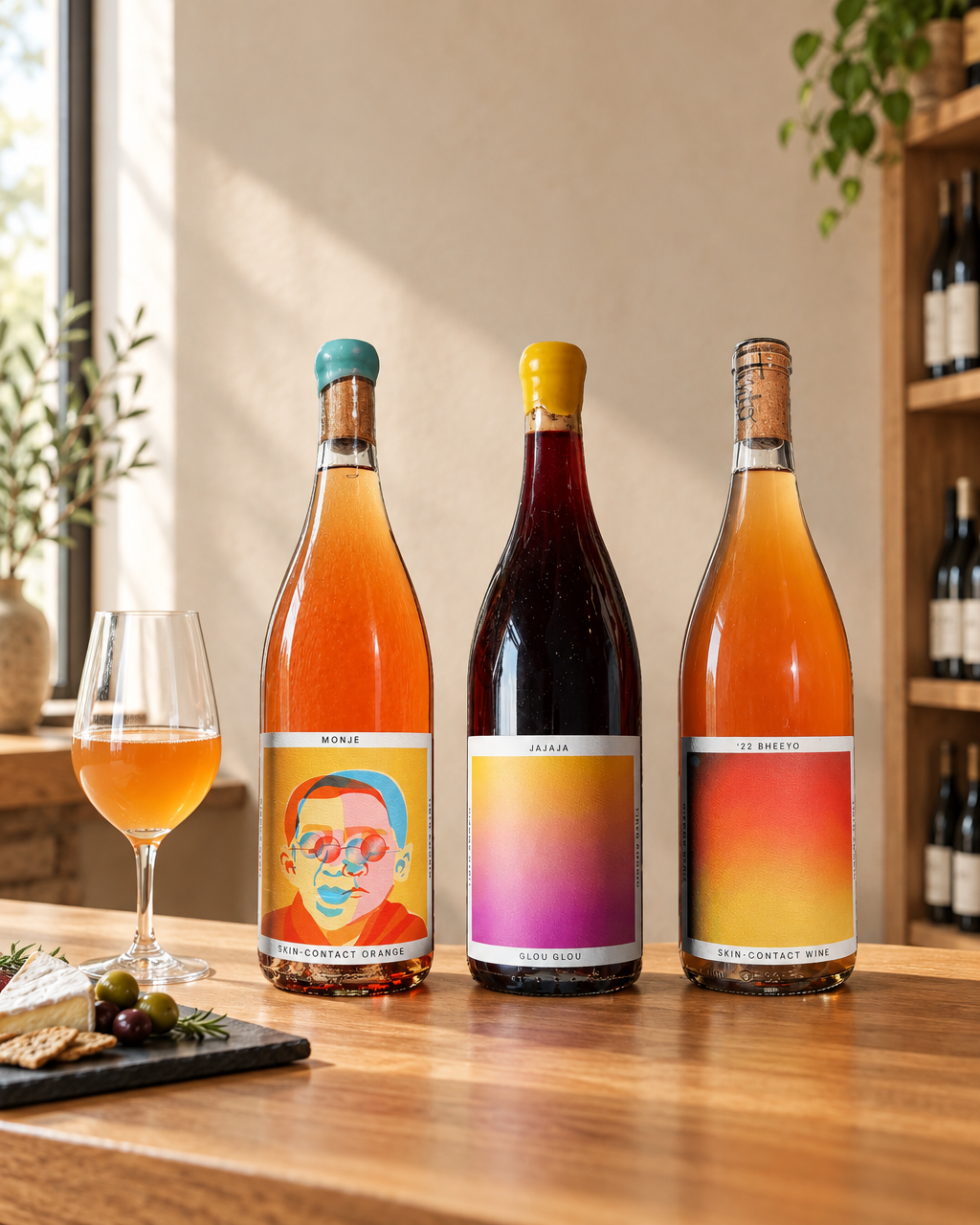 Tinto Amorio Natural Wine Sampler trio of Monje, Jajaja and Bheeyo bottles on a wine shop tasting bar