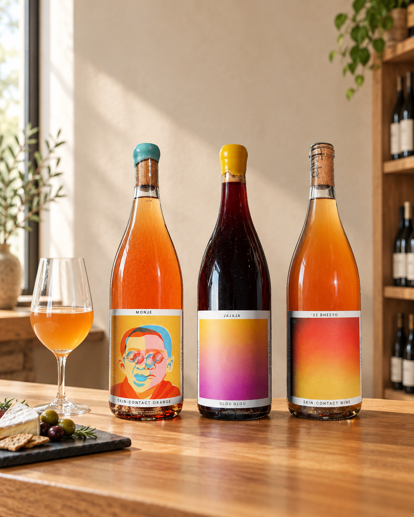 Tinto Amorio Natural Wine Sampler trio of Monje, Jajaja and Bheeyo bottles on a wine shop tasting bar