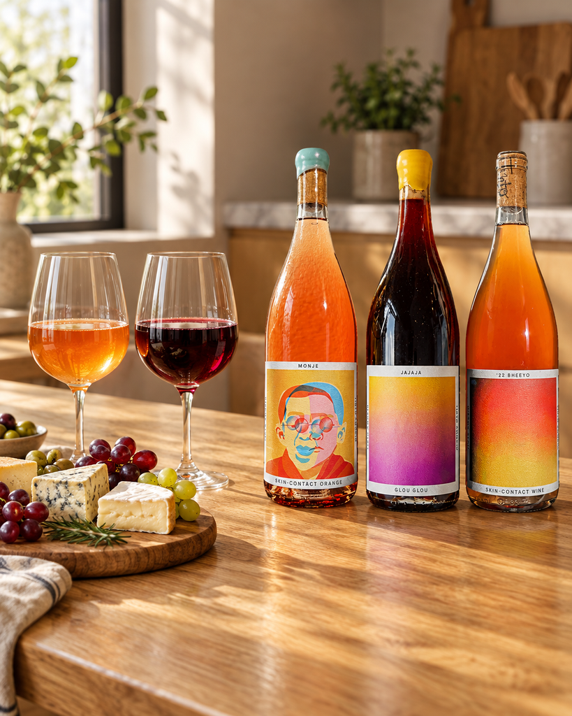 Tinto Amorio Natural Wine Sampler beside two poured glasses and a cheese board