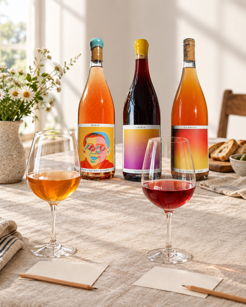 Tinto Amorio Natural Wine Sampler bottles (Monje, Jajaja, '22 Bheeyo) behind two tasting glasses on a blind-comparison table