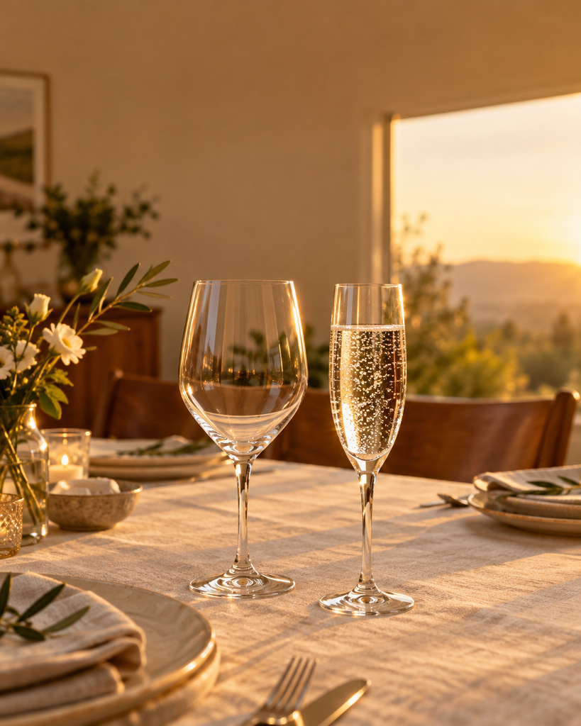 Two untouched wine glasses and a sparkling-water flute on a golden-hour dining table, no wine bottles
