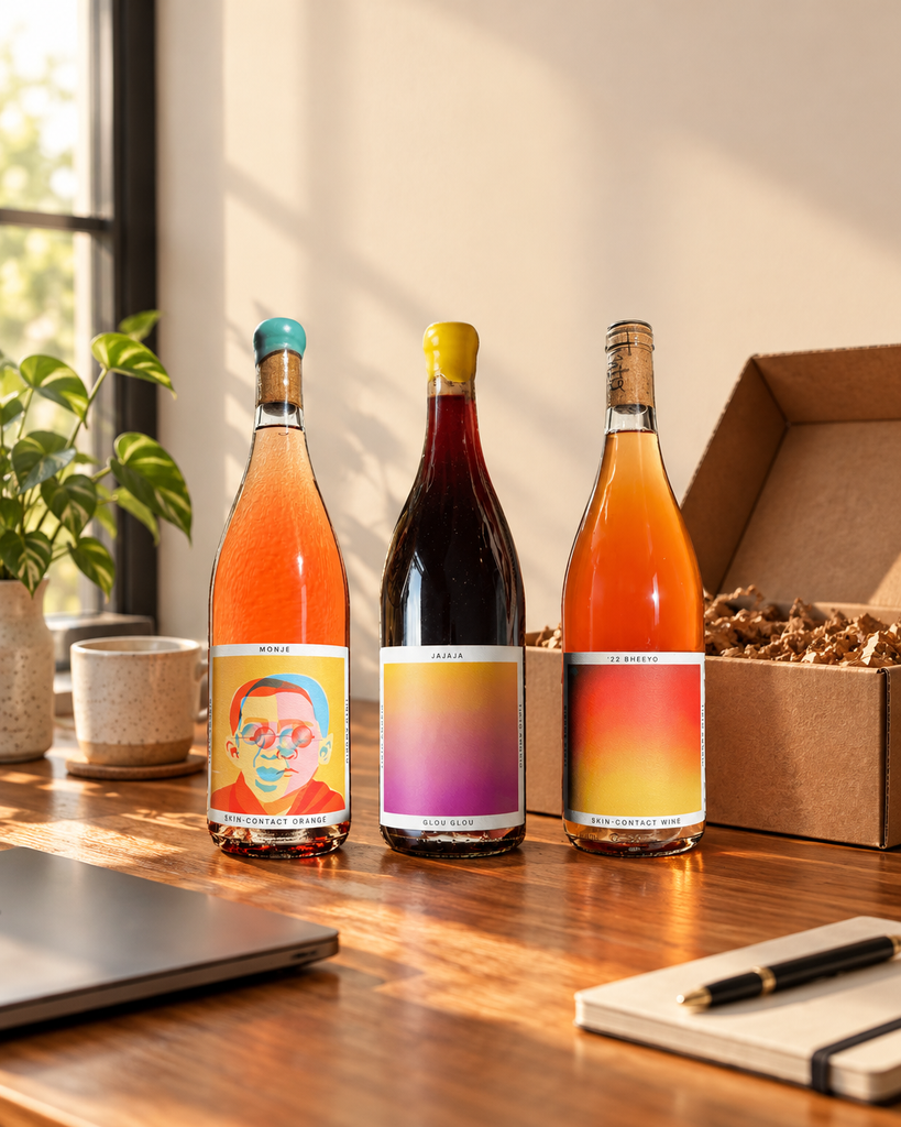 Tinto Amorio Natural Wine Sampler bottles with a notebook and laptop for budgeting a wine subscription