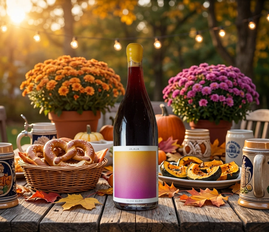 Tinto Amorio Jajaja Glou Glou red wine bottle at a fall Oktoberfest table