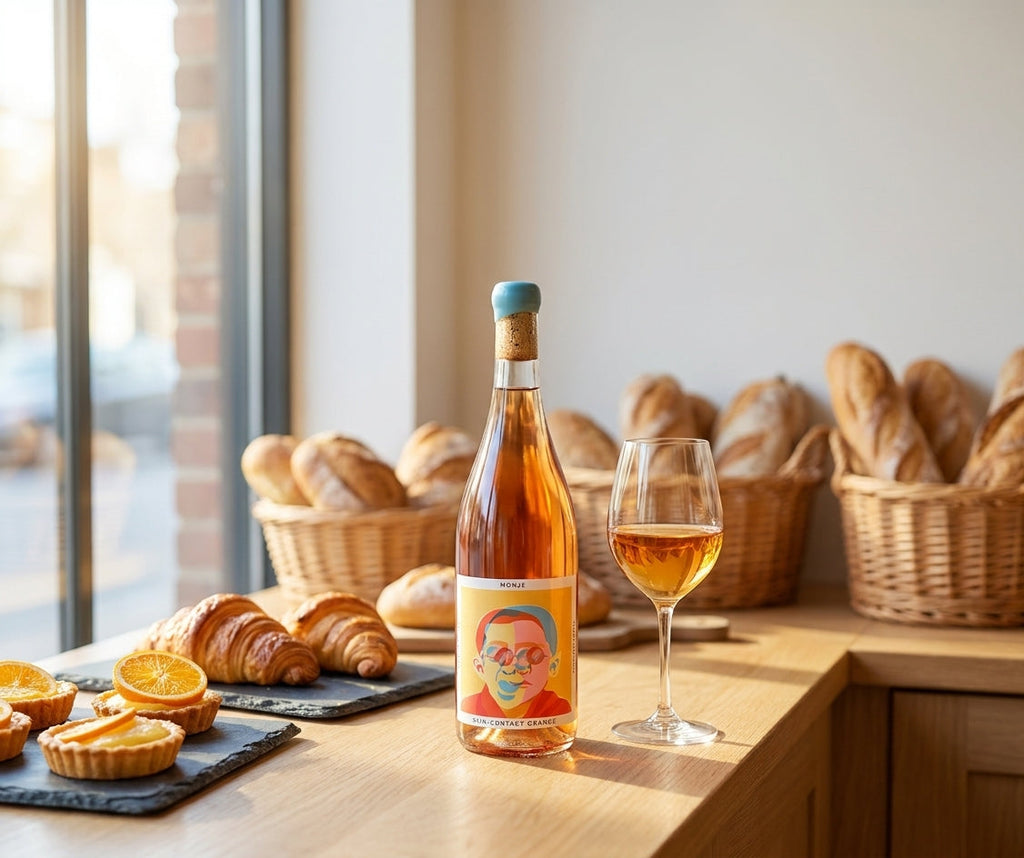 Monje skin-contact orange wine bottle on a bakery tasting counter with croissants and citrus tarts