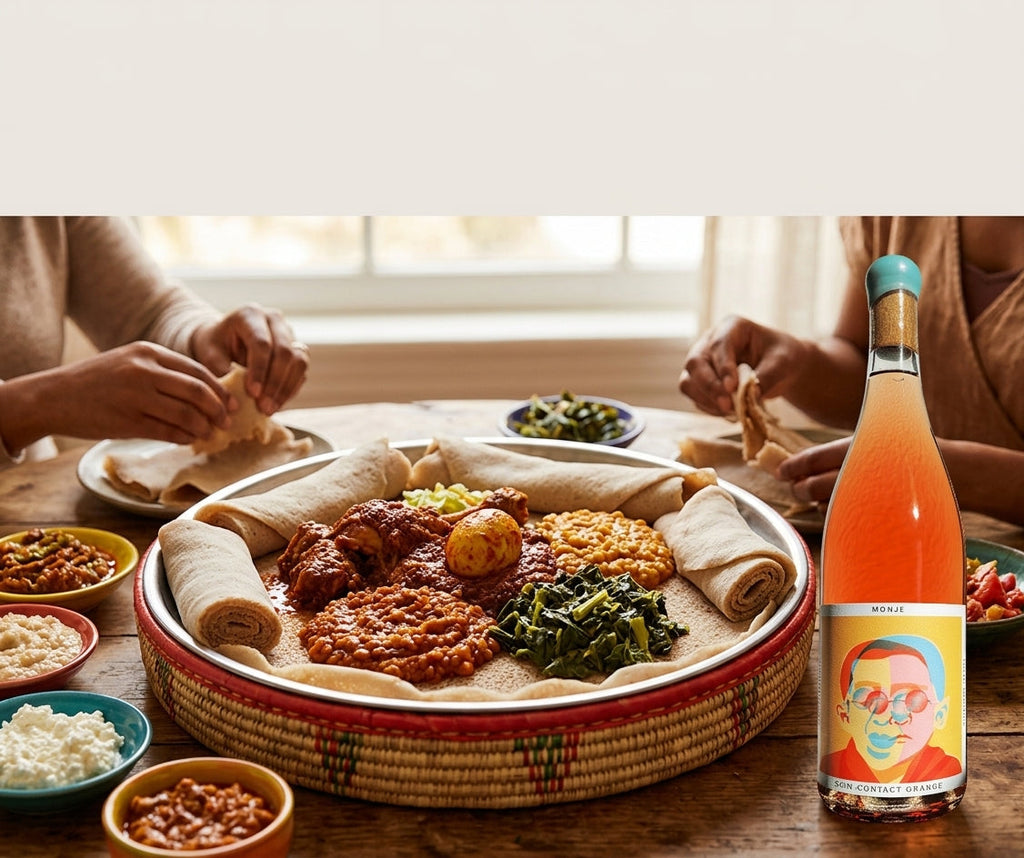 Tinto Amorio Monje skin-contact orange wine bottle on an Ethiopian dinner table