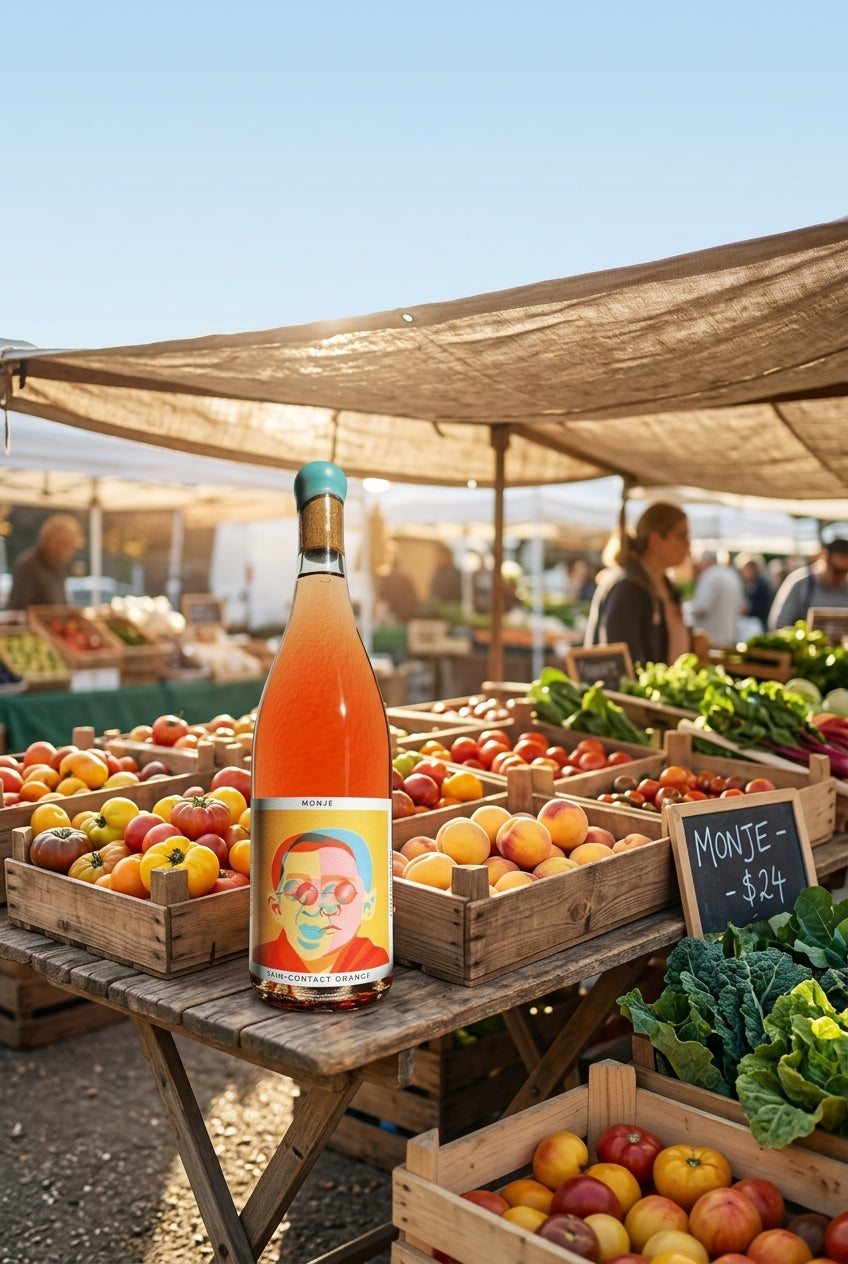 Tinto Amorio Monje skin-contact orange wine bottle at a farmers market stall