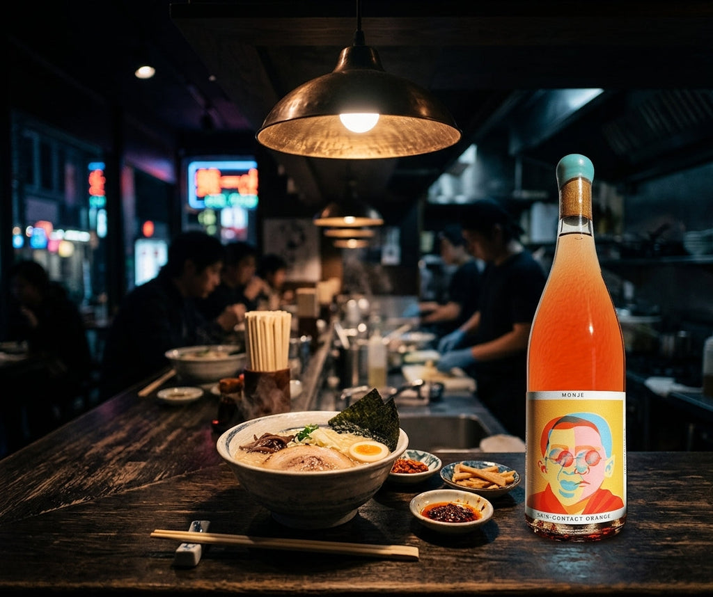 Tinto Amorio Monje skin-contact orange wine bottle beside a ramen bowl
