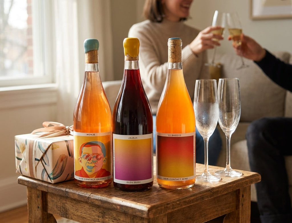 Natural Wines Sampler bottles on a side table at an engagement party