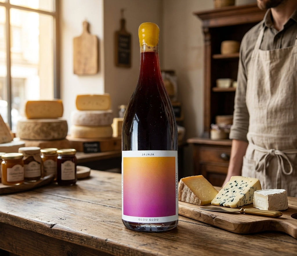 Jajaja glou glou red wine bottle on an artisan cheese shop tasting counter