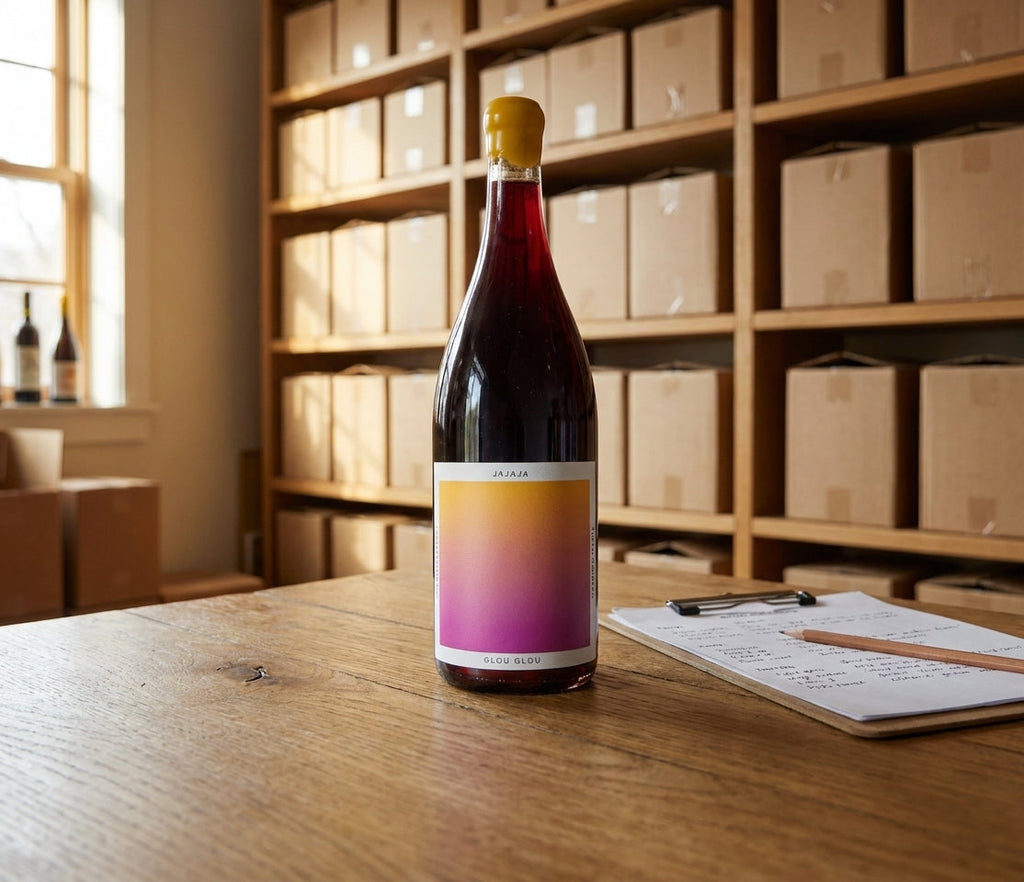Jajaja glou glou red wine bottle in a natural wine club curation room