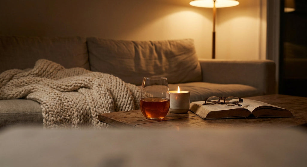 Glass of amber natural wine on a coffee table beside a candle and book during a solo self-care night