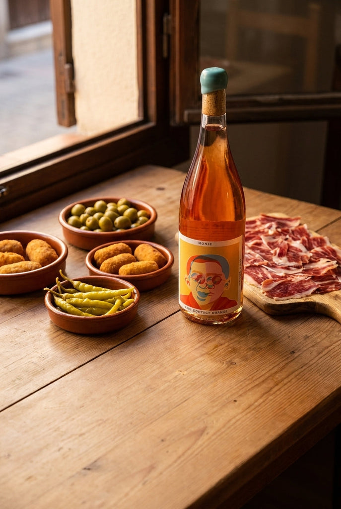 Monje skin-contact orange wine bottle on a tapas table with olives, croquetas, and jamón